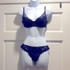 Victoria's Secret, navy blue and black, fishnet, plunge bra and thong set 34C/M
